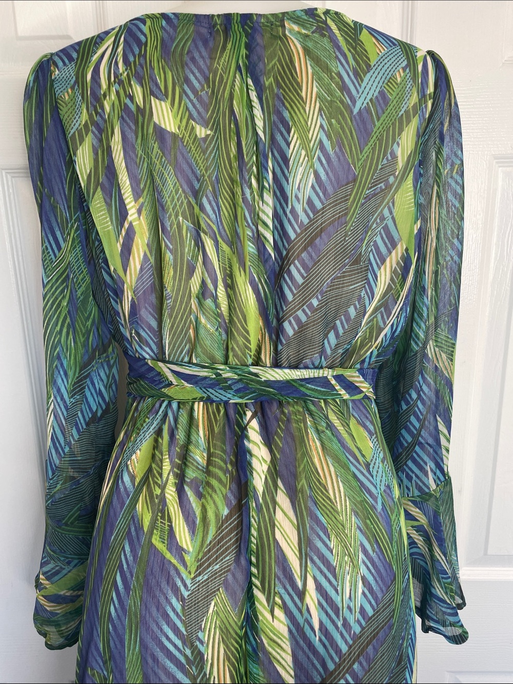 UNE AME BLUE GREEN LEAF TROPICAL PRINT FAUX WRAP HI-LOW MAXI DRESS SZ XL - Picture 11 of 13
